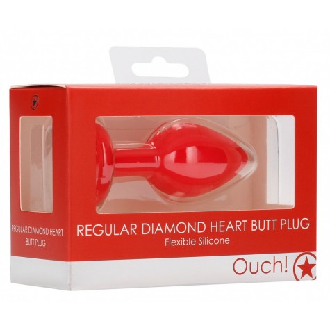 Красная анальная пробка с прозрачным стразом Diamond Heart Butt Plug - 7,3 см.